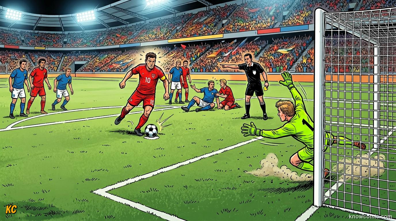 Comic panel titled when a foul becomes a penalty, labelled foul in the box, from the KnowComic World Cup 2026 lesson on fouls, cards & free kicks