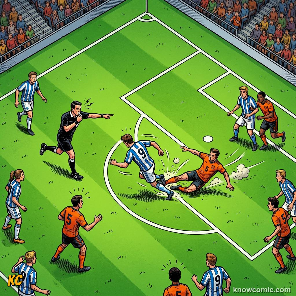 Comic panel labelled in the box, illustrating fouls, cards & free kicks in KnowComic's World Cup 2026 series