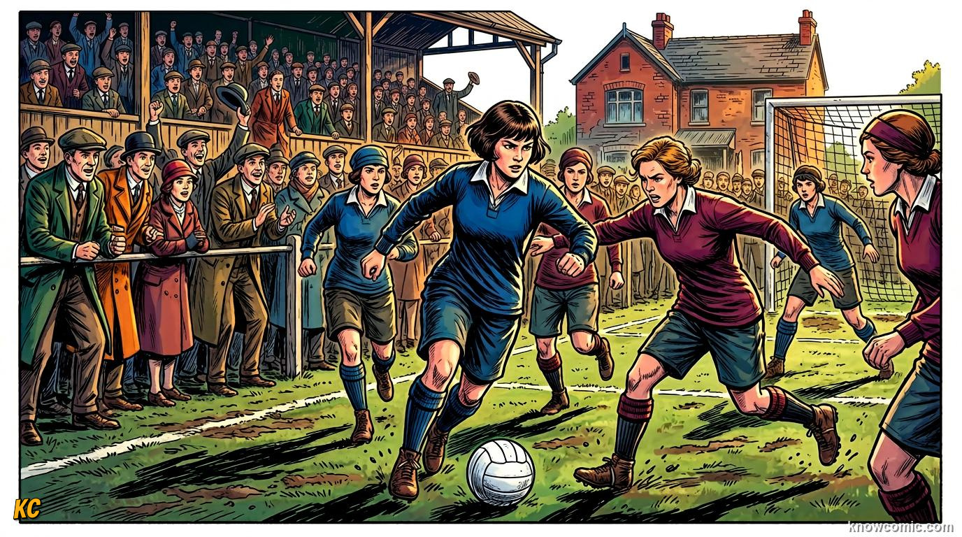 Comic panel titled football before the spotlight, labelled hidden history, from the KnowComic World Cup 2026 lesson on women's world cup rising