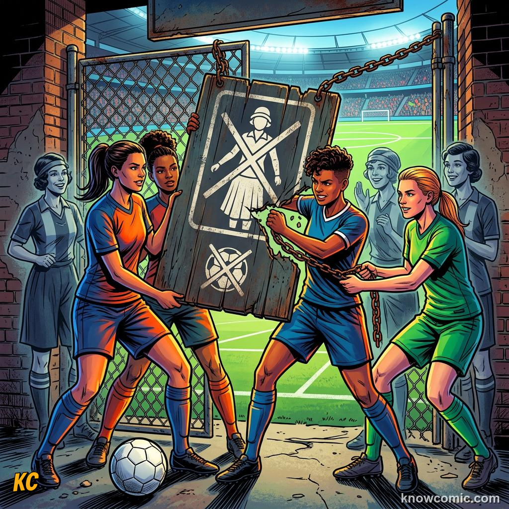 Comic panel titled fifa finally crowns a champion, labelled pioneers, from the KnowComic World Cup 2026 lesson on women's world cup rising