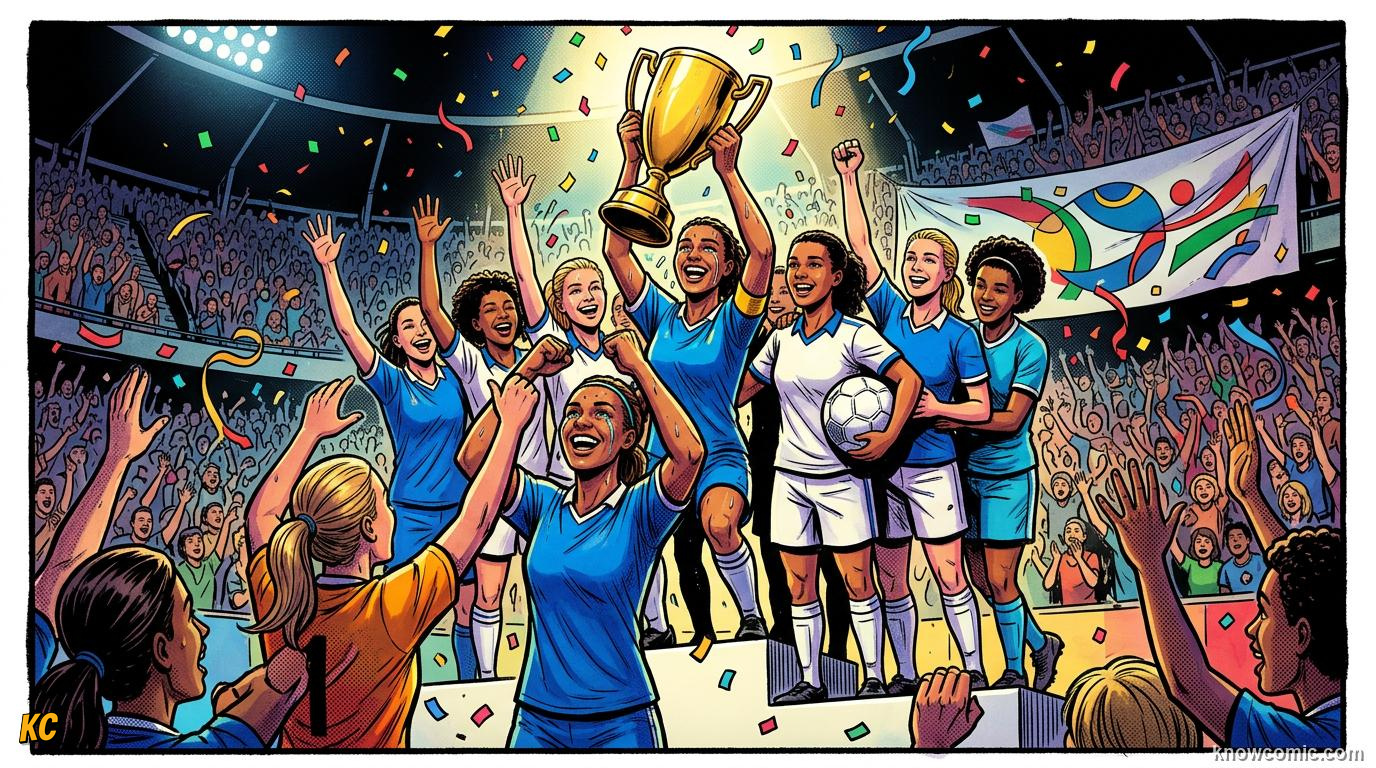 Comic panel titled fifa finally crowns a champion, labelled 1991 china, from the KnowComic World Cup 2026 lesson on women's world cup rising