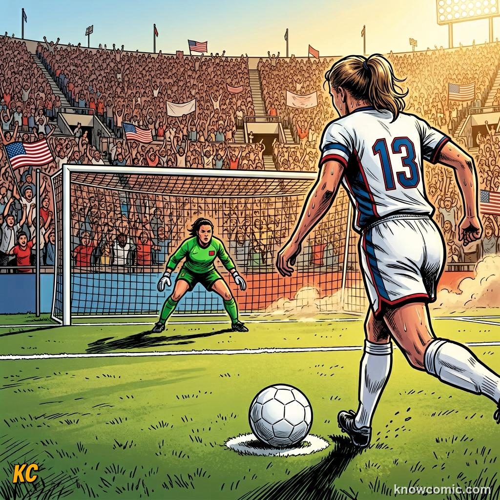 Comic panel titled heroes who inspire millions, labelled 1999, from the KnowComic World Cup 2026 lesson on women's world cup rising