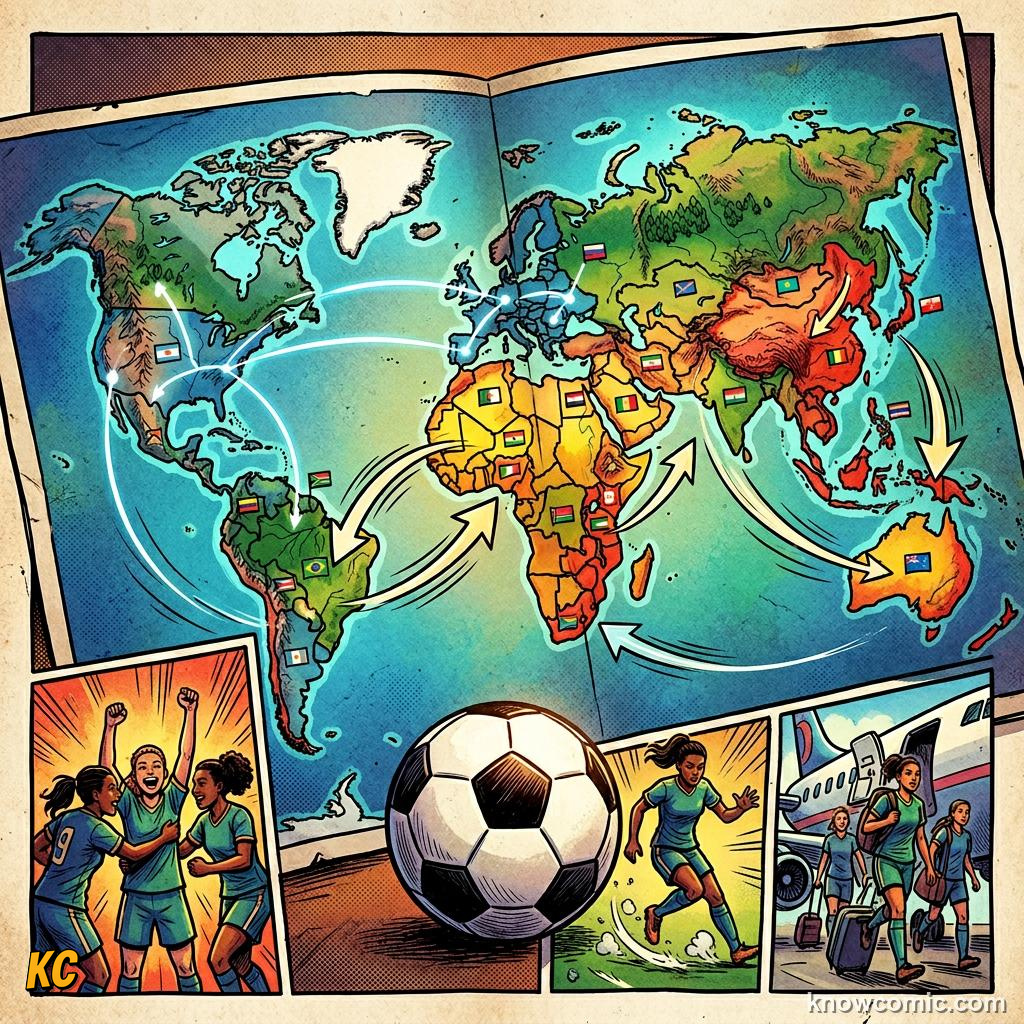 Comic panel titled heroes who inspire millions, labelled winners, from the KnowComic World Cup 2026 lesson on women's world cup rising