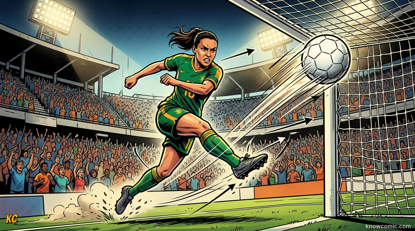 Comic panel titled heroes who inspire millions, labelled global stars, from the KnowComic World Cup 2026 lesson on women's world cup rising