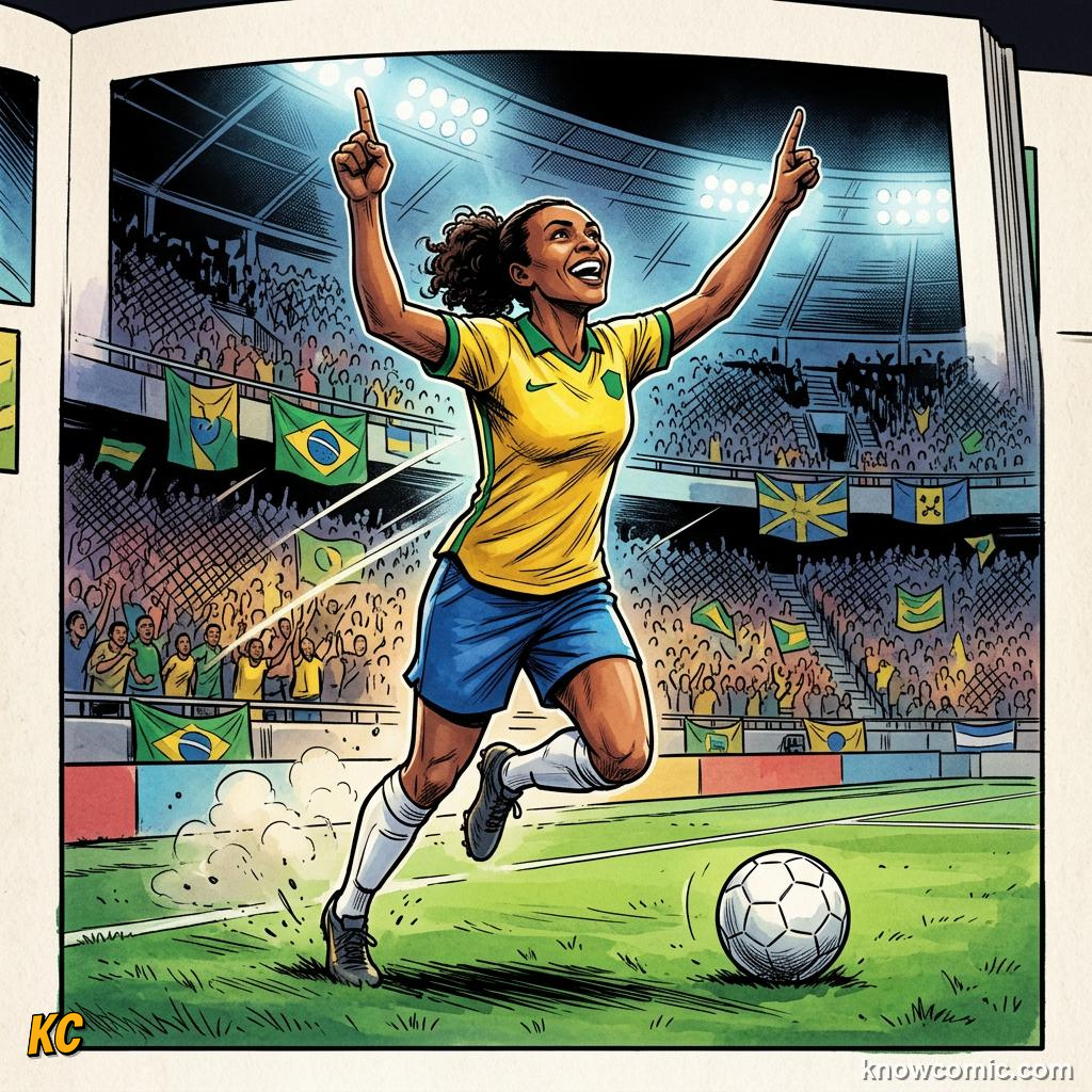 Comic panel titled heroes who inspire millions, labelled marta, from the KnowComic World Cup 2026 lesson on women's world cup rising