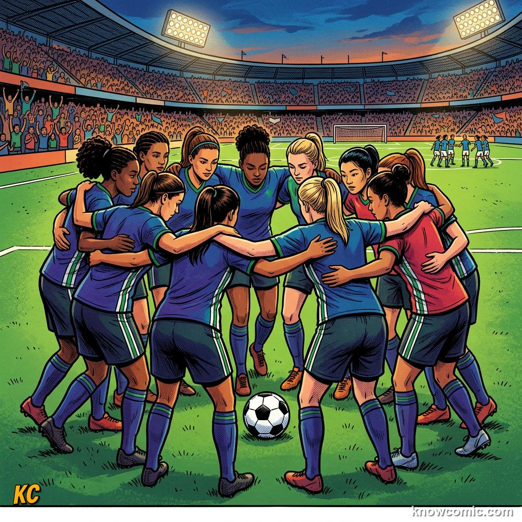 Comic panel titled heroes who inspire millions, labelled icons, from the KnowComic World Cup 2026 lesson on women's world cup rising