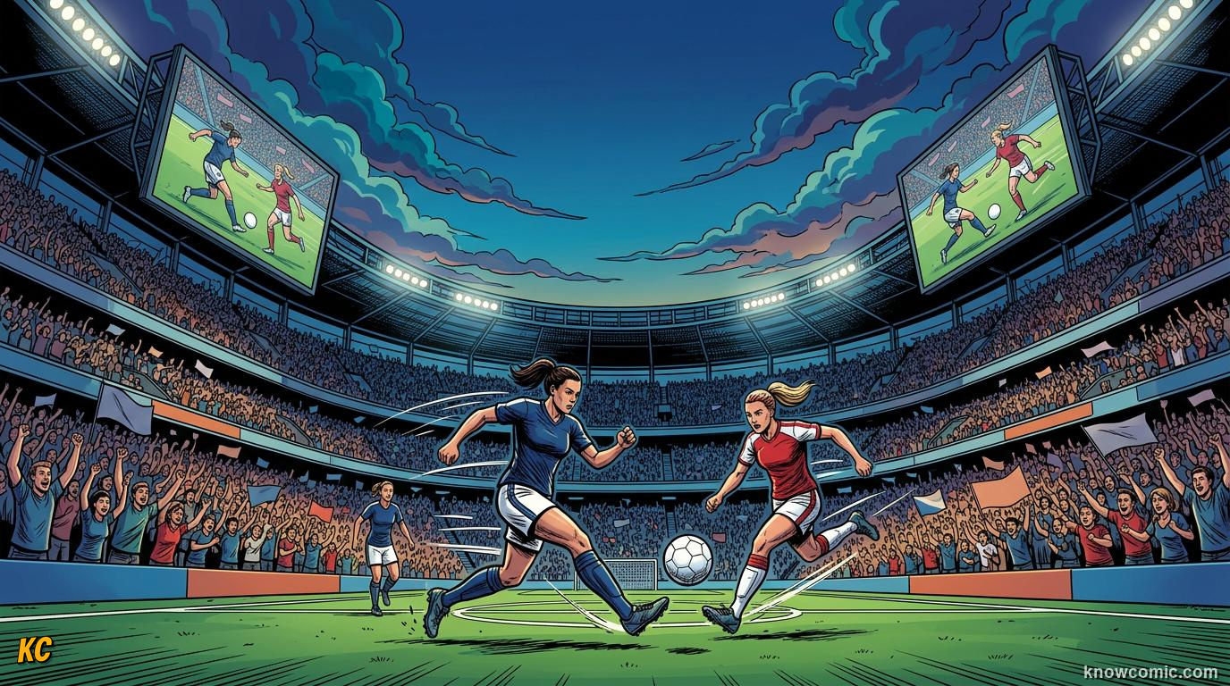 Comic panel titled the world finally watched, labelled 2023 boom, from the KnowComic World Cup 2026 lesson on women's world cup rising