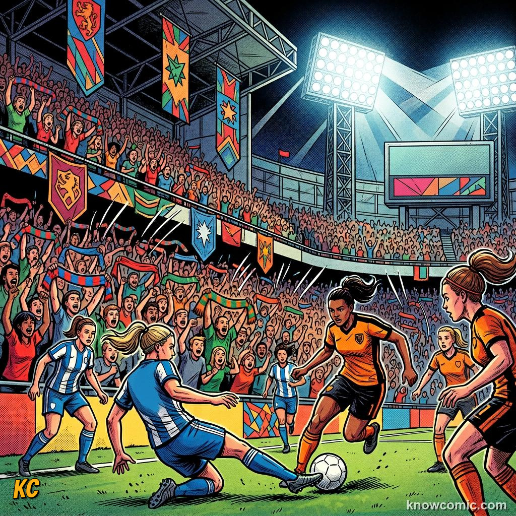 Comic panel titled what comes after the boom, labelled tv, from the KnowComic World Cup 2026 lesson on women's world cup rising