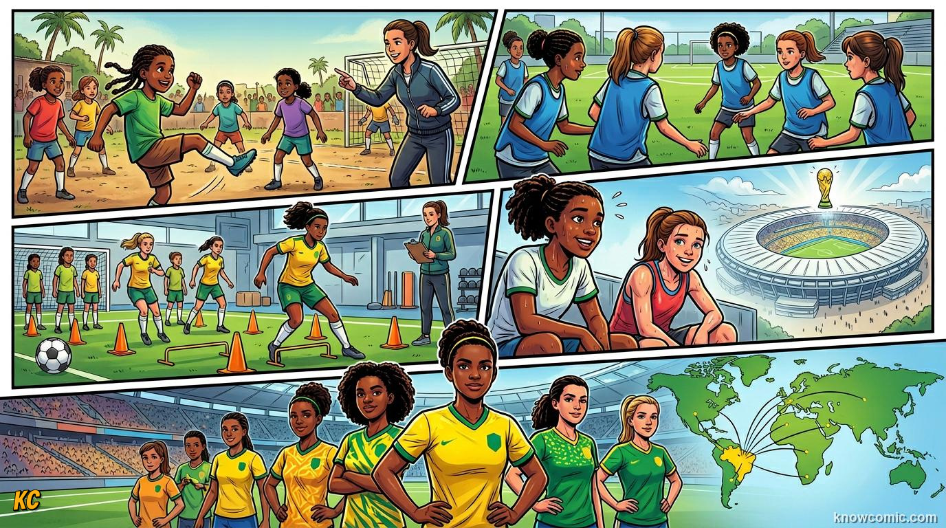 Comic panel titled what comes after the boom, labelled 2027 brazil, from the KnowComic World Cup 2026 lesson on women's world cup rising