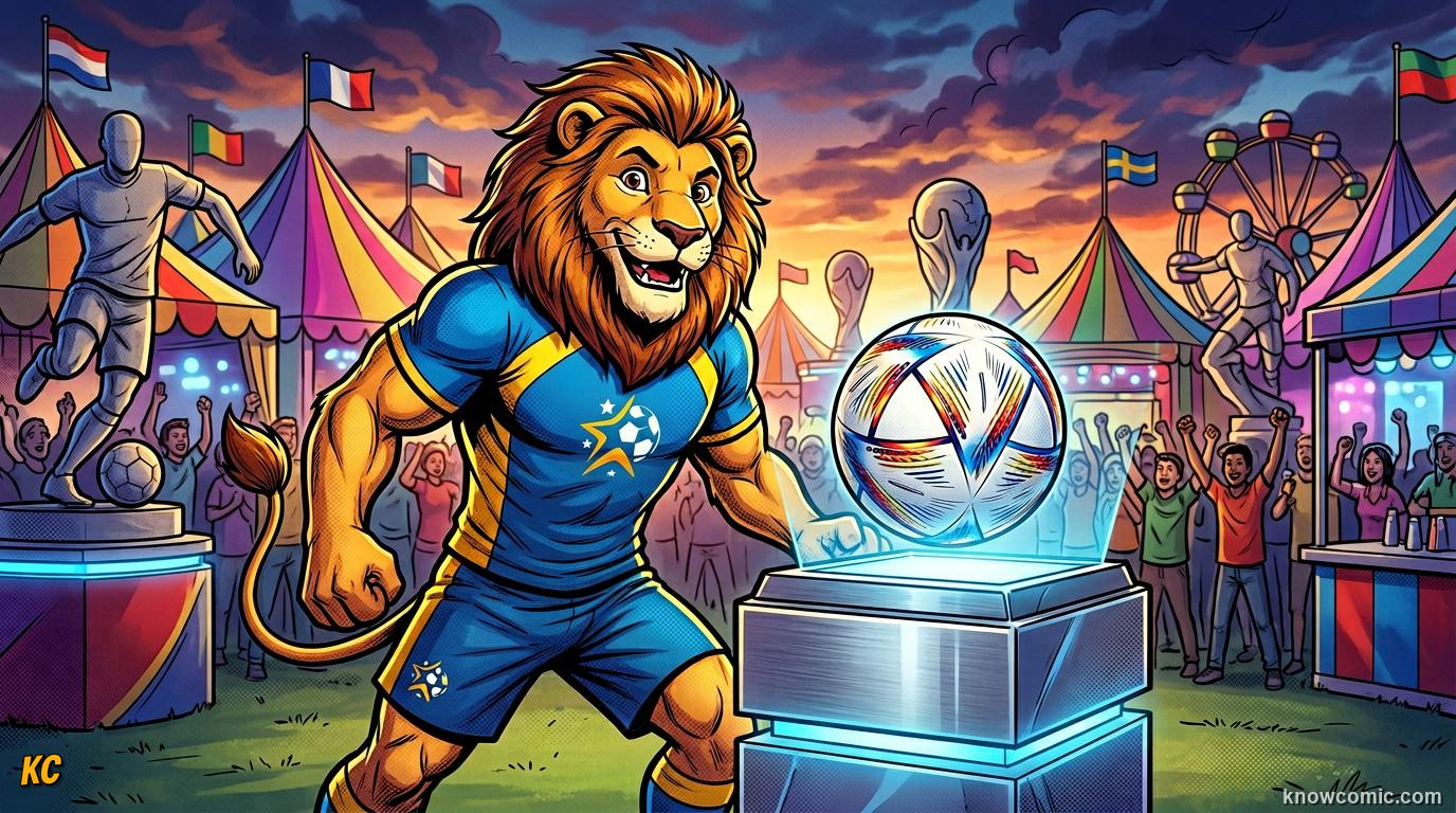 Comic panel titled every tournament has a face and a ball, labelled fun symbols, from the KnowComic World Cup 2026 lesson on mascots & match balls