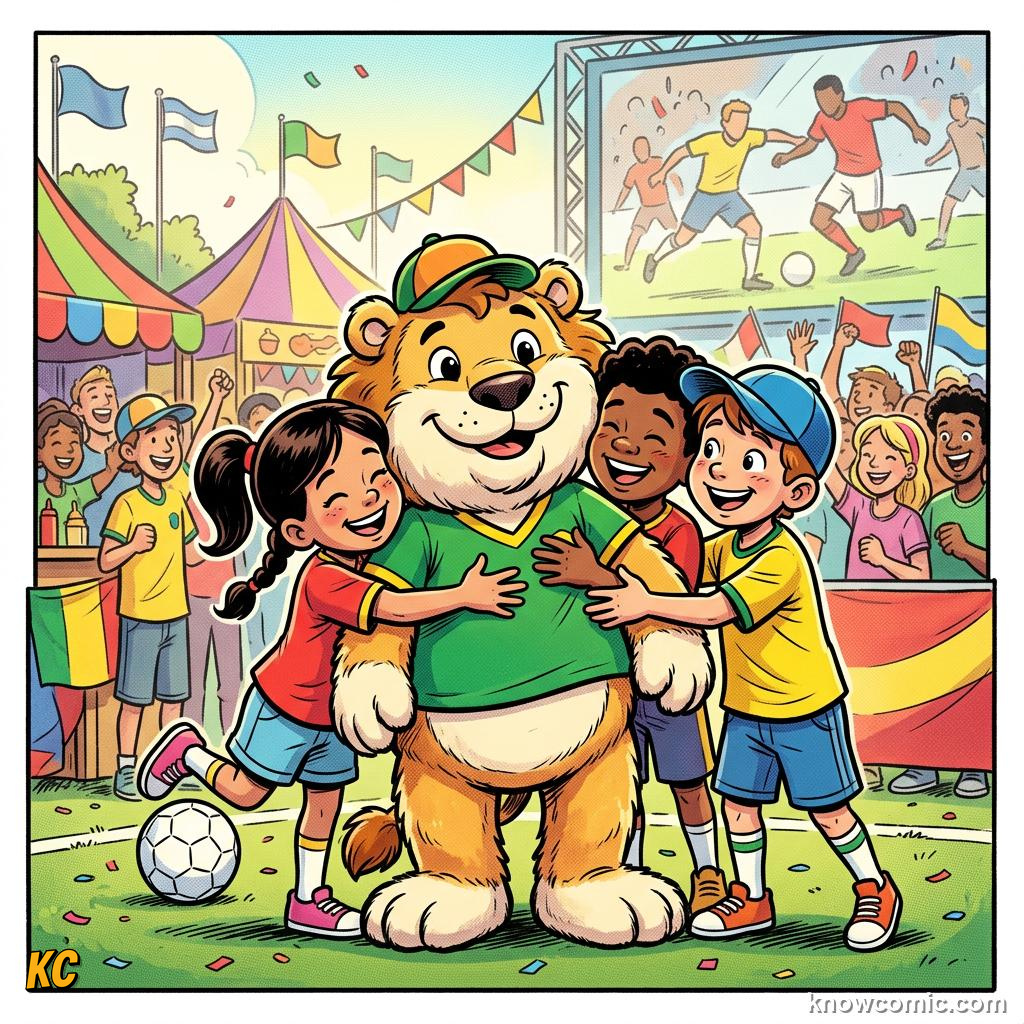 Comic panel titled characters that steal the show, labelled mascot, from the KnowComic World Cup 2026 lesson on mascots & match balls