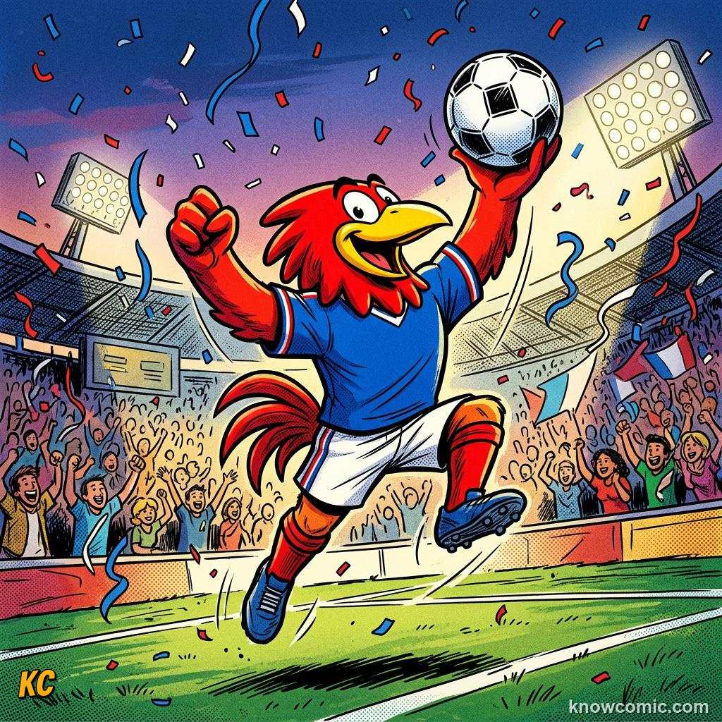 Comic panel titled mascots for the social media age, labelled striker, from the KnowComic World Cup 2026 lesson on mascots & match balls