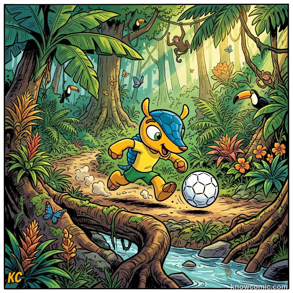 Comic panel titled mascots for the social media age, labelled zabivaka, from the KnowComic World Cup 2026 lesson on mascots & match balls