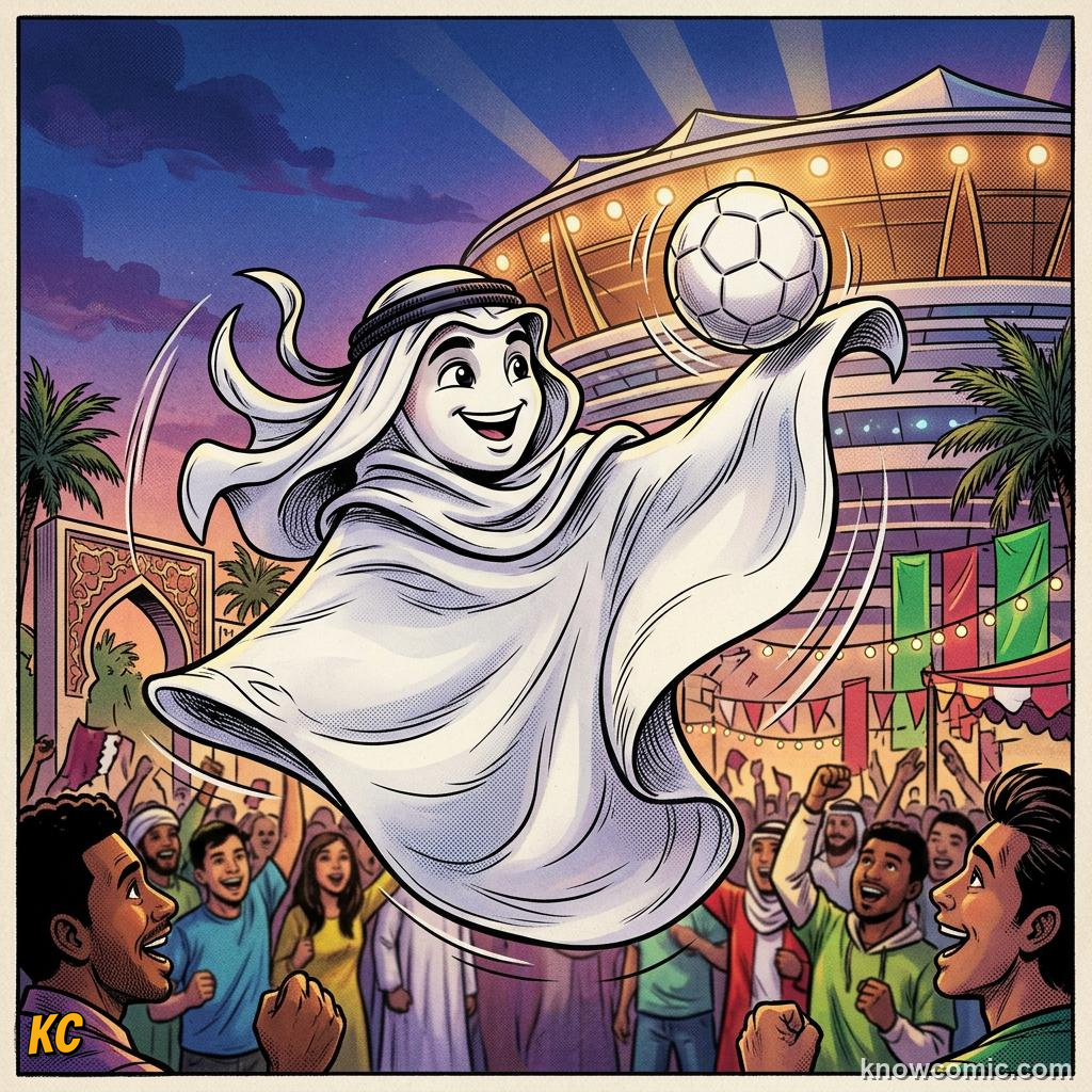 Comic panel titled mascots for the social media age, labelled la'eeb, from the KnowComic World Cup 2026 lesson on mascots & match balls