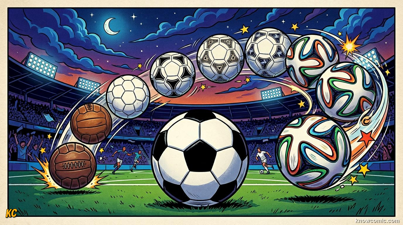 Comic panel titled the ball every player chases, labelled telstar to al rihla, from the KnowComic World Cup 2026 lesson on mascots & match balls