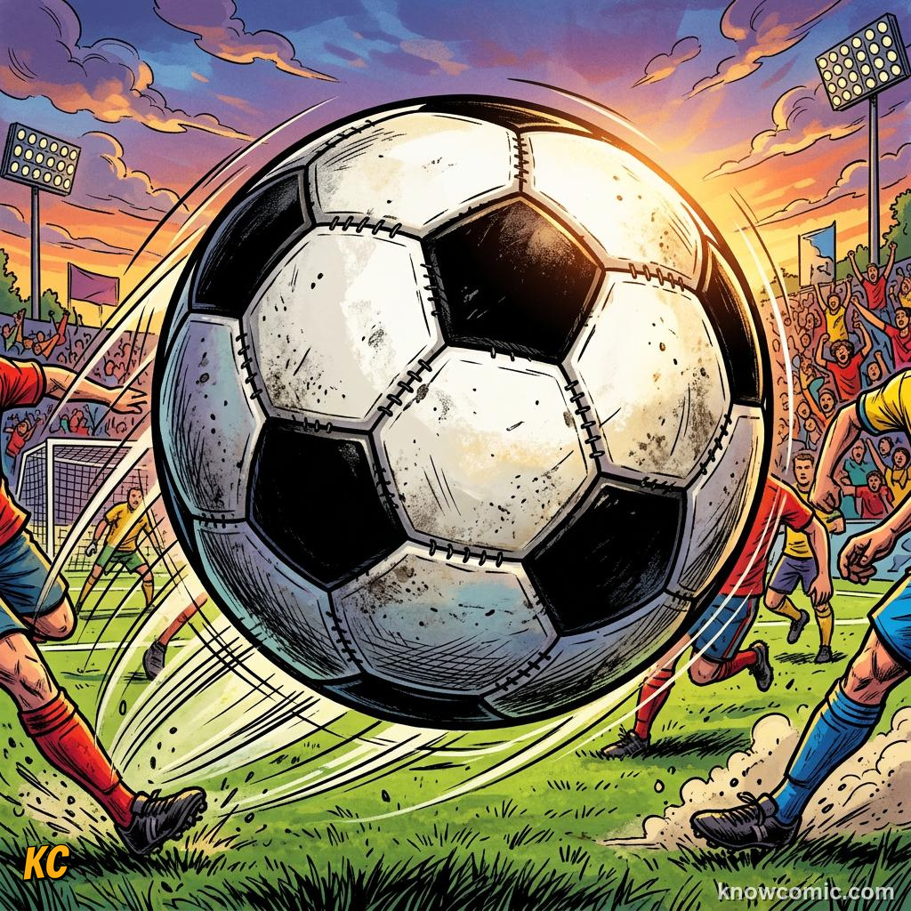 Comic panel titled symbols of the next giant party, labelled telstar, from the KnowComic World Cup 2026 lesson on mascots & match balls