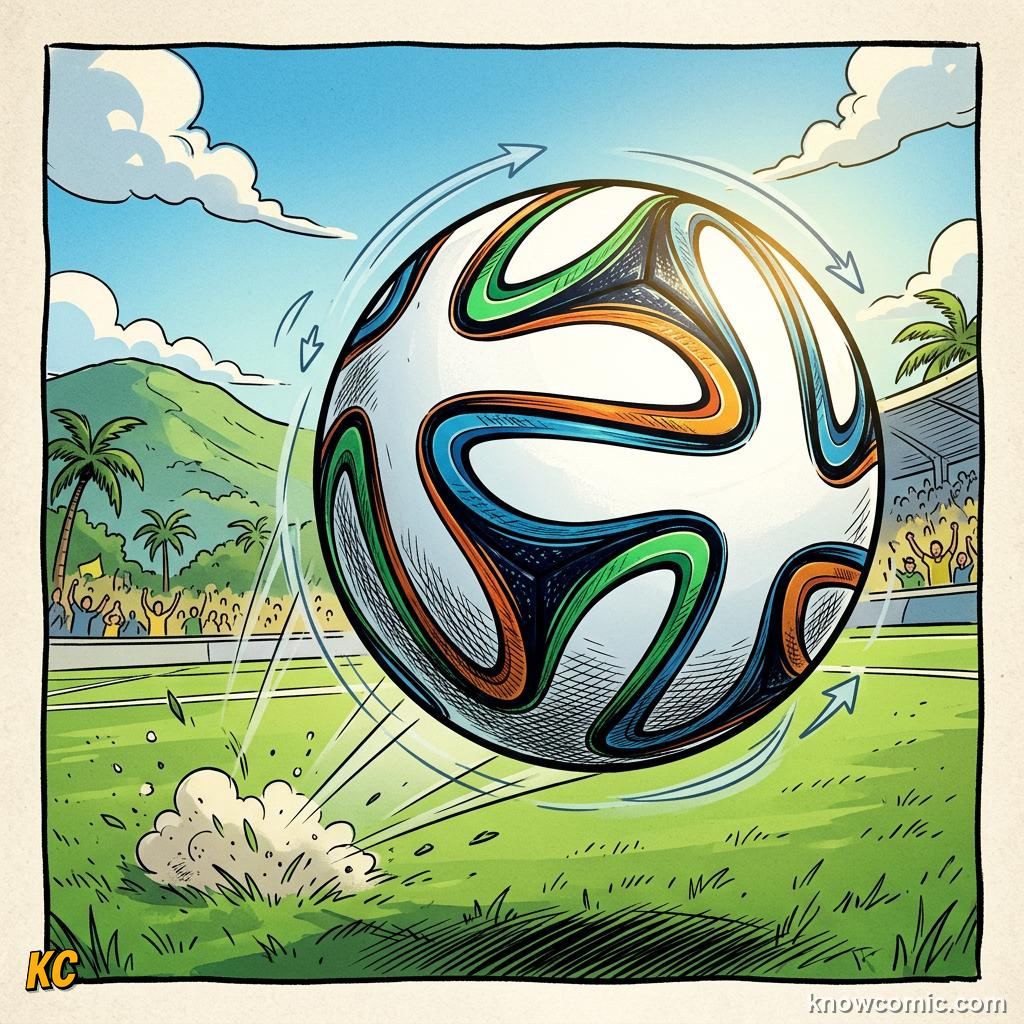 Comic panel titled symbols of the next giant party, labelled brazuca, from the KnowComic World Cup 2026 lesson on mascots & match balls