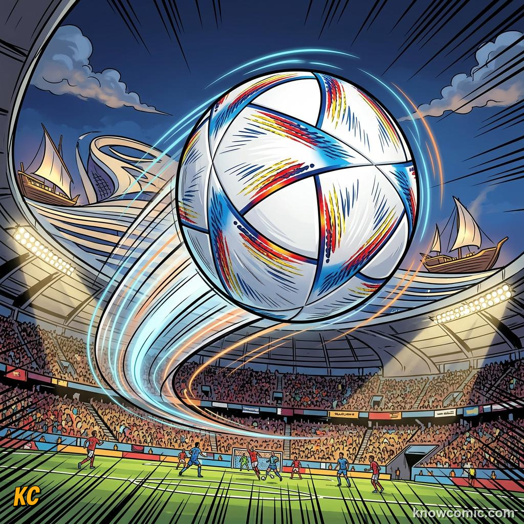 Comic panel titled symbols of the next giant party, labelled al rihla, from the KnowComic World Cup 2026 lesson on mascots & match balls