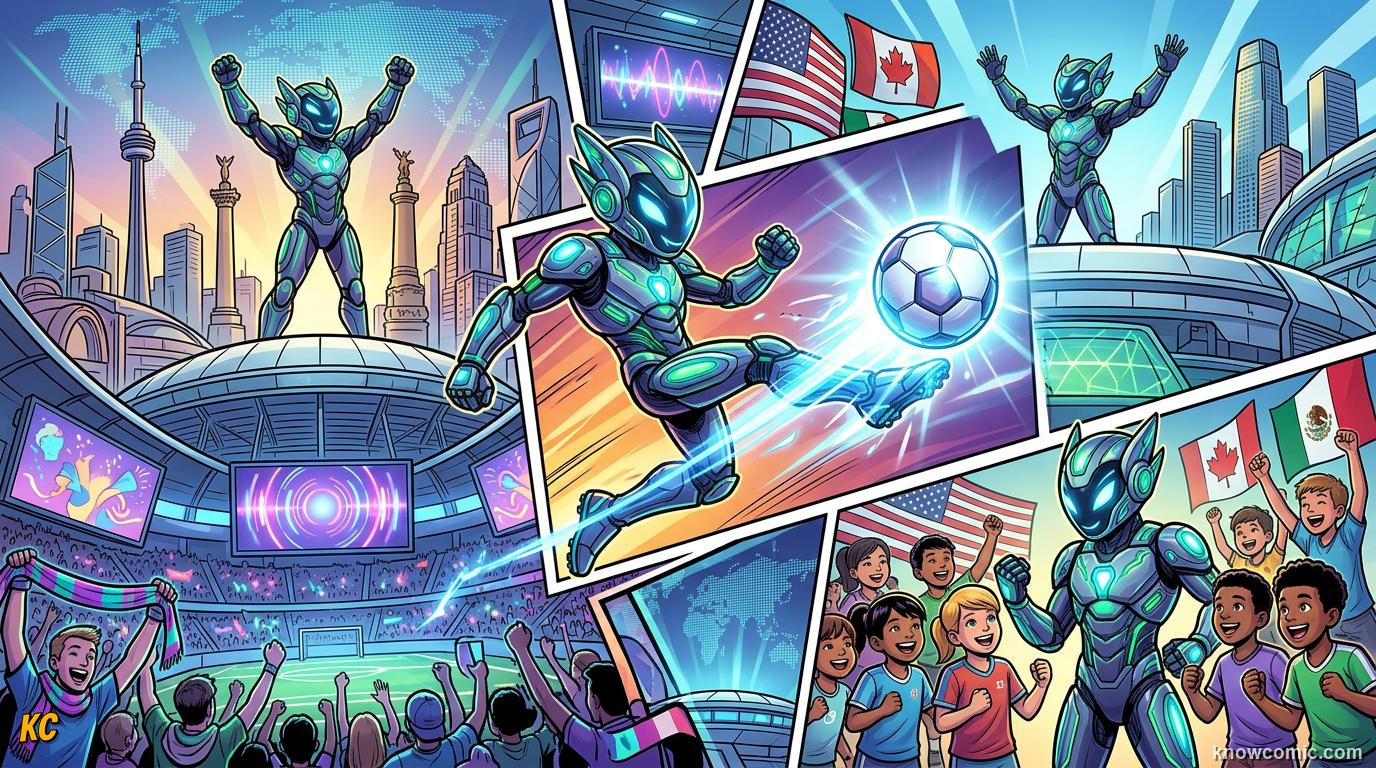Comic panel titled symbols of the next giant party, labelled world cup 2026, from the KnowComic World Cup 2026 lesson on mascots & match balls