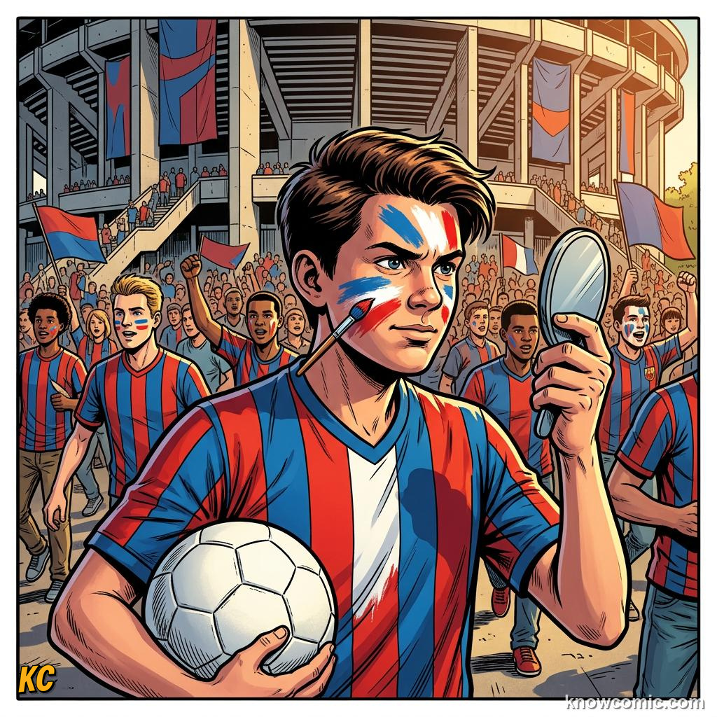 Comic panel titled brazil, italy, and the stories behind the shades, labelled fans, from the KnowComic World Cup 2026 lesson on kits & colours