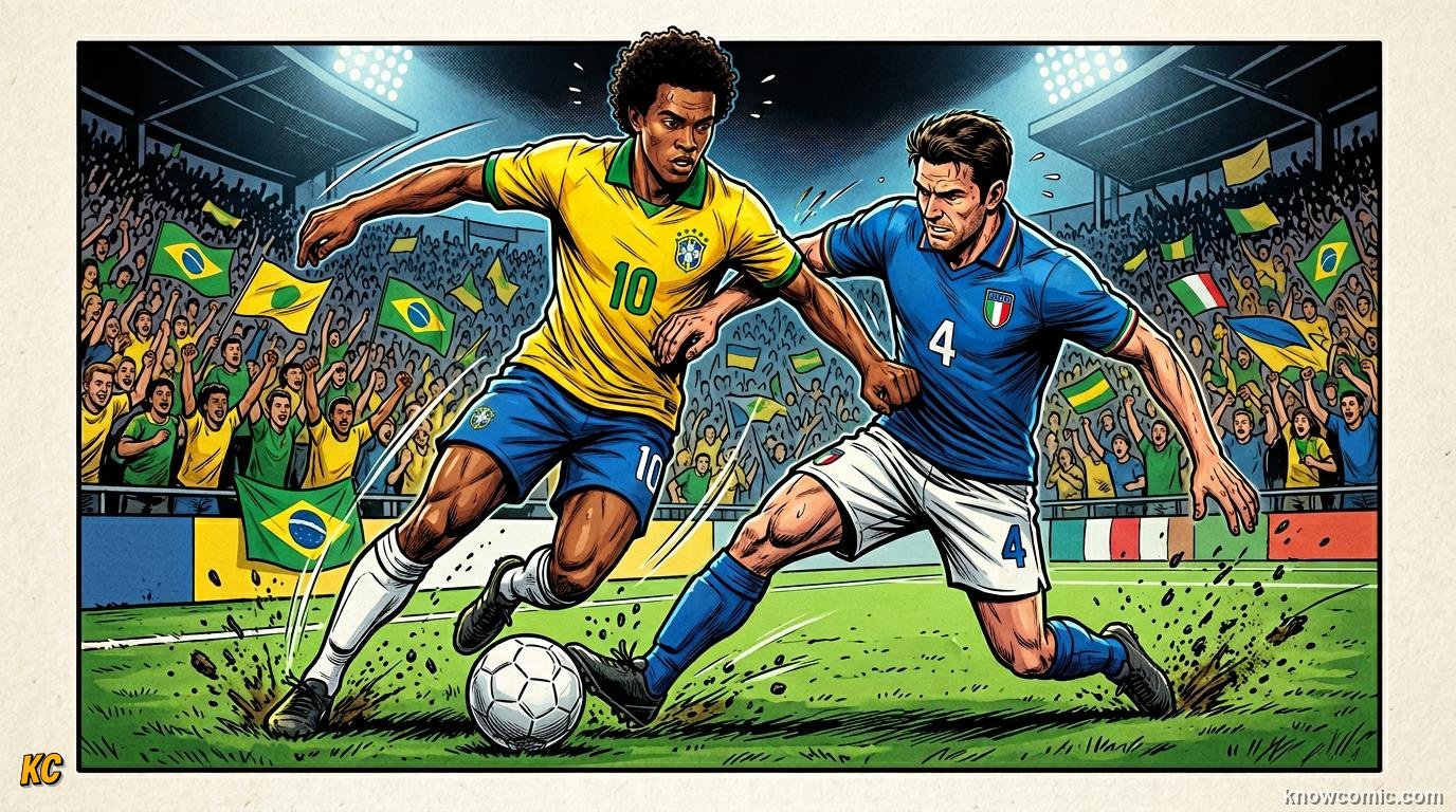 Comic panel titled brazil, italy, and the stories behind the shades, labelled yellow & blue, from the KnowComic World Cup 2026 lesson on kits & colours