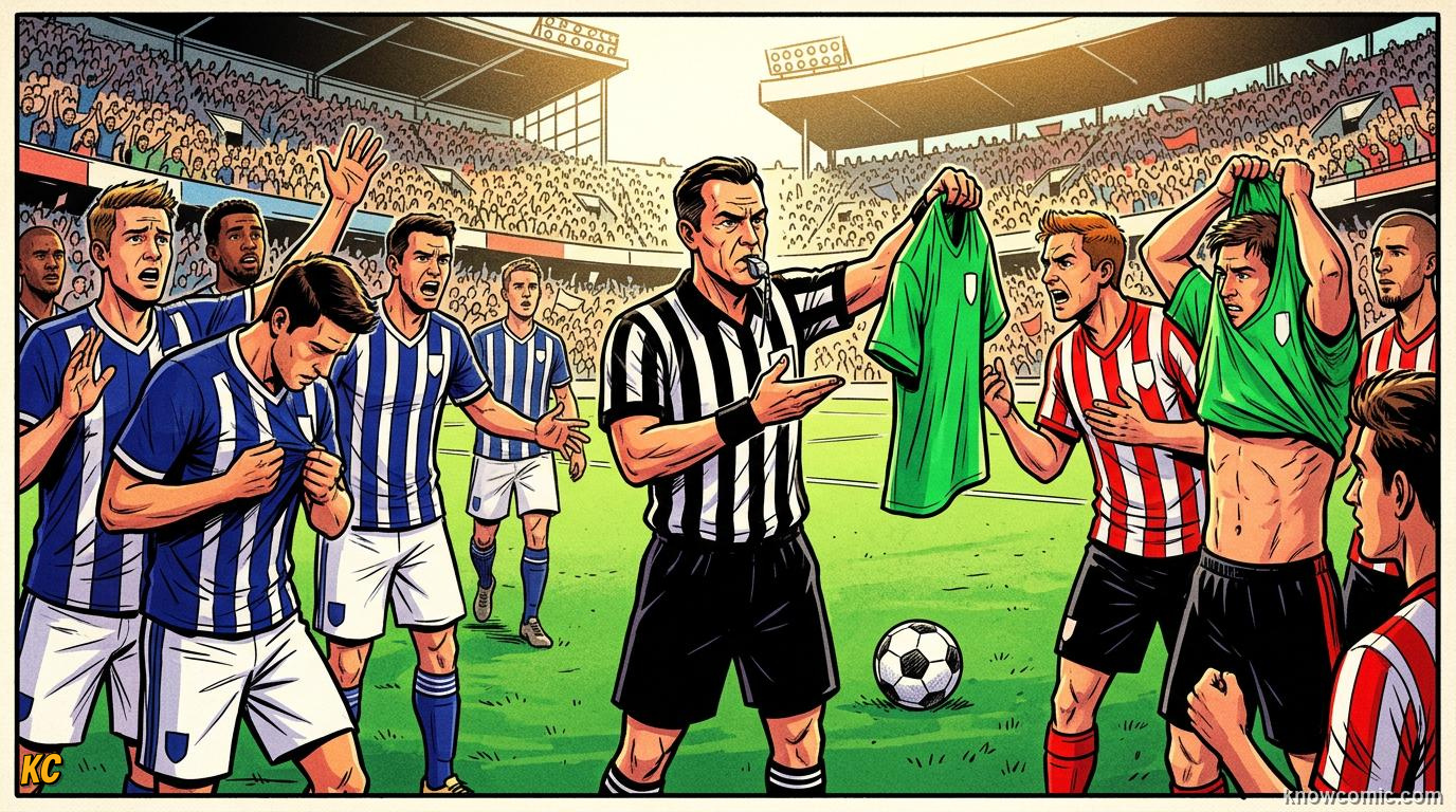 Comic panel titled when both teams wear the same colour, labelled two kits, from the KnowComic World Cup 2026 lesson on kits & colours