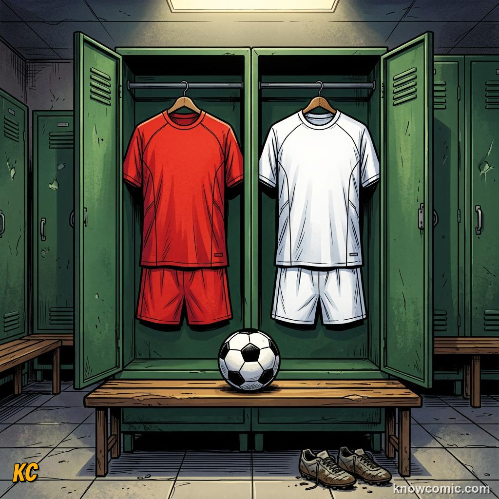Comic panel titled when both teams wear the same colour, labelled home, from the KnowComic World Cup 2026 lesson on kits & colours