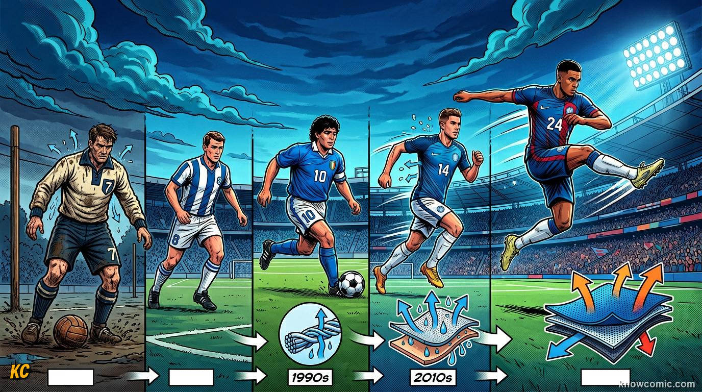 Comic panel titled a short history of the football shirt, labelled from cotton to tech, from the KnowComic World Cup 2026 lesson on kits & colours