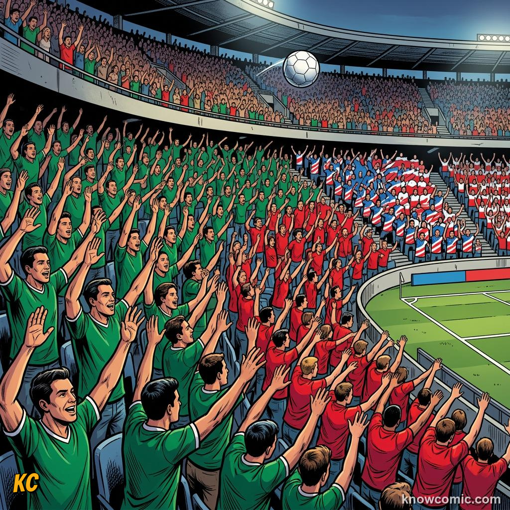 Comic panel labelled stores, illustrating kits & colours in KnowComic's World Cup 2026 series