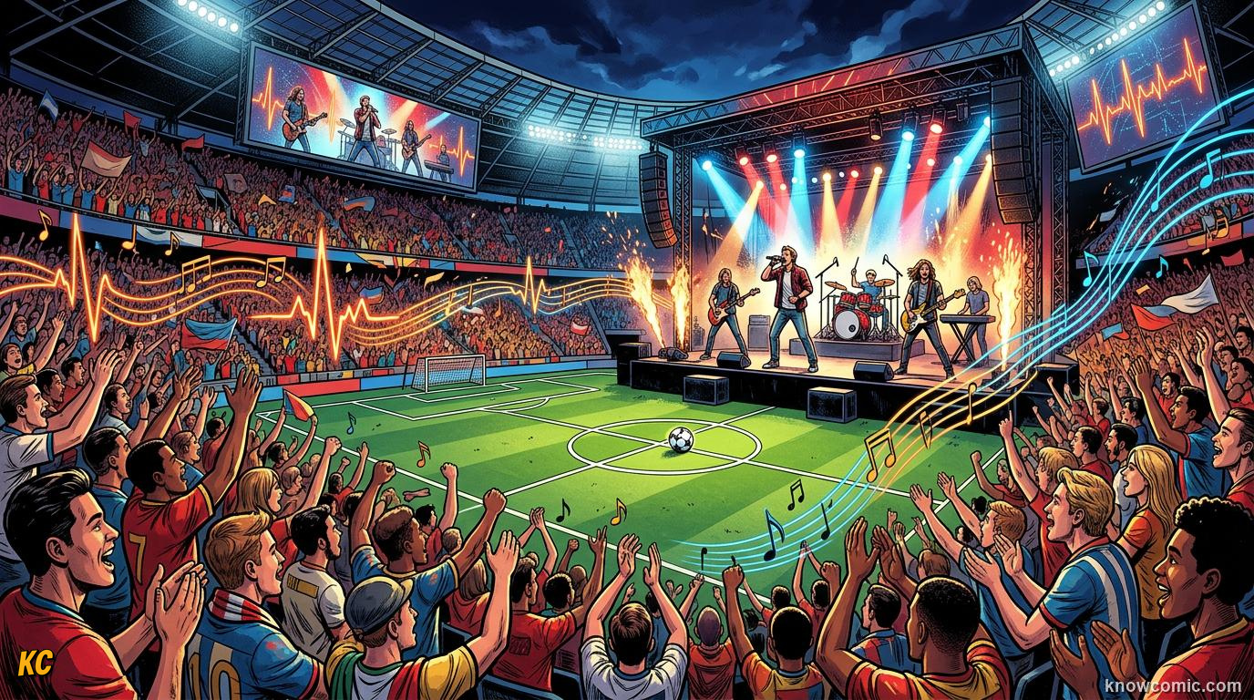 Comic panel titled why football and music belong together, labelled sound & soul, from the KnowComic World Cup 2026 lesson on football & music