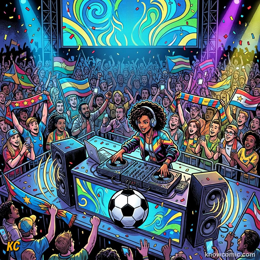Comic panel titled songs that defined tournaments, labelled stadium, from the KnowComic World Cup 2026 lesson on football & music