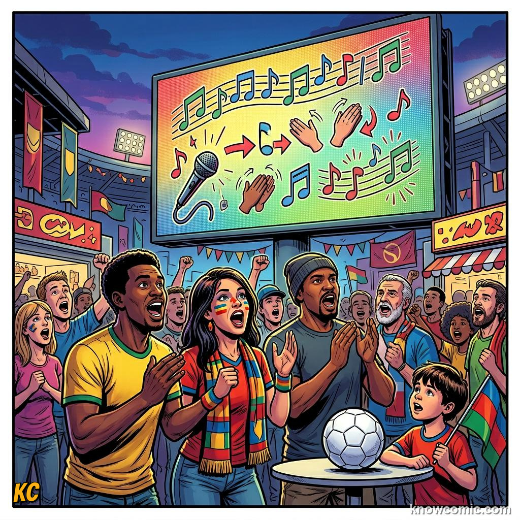 Comic panel titled songs that defined tournaments, labelled global, from the KnowComic World Cup 2026 lesson on football & music