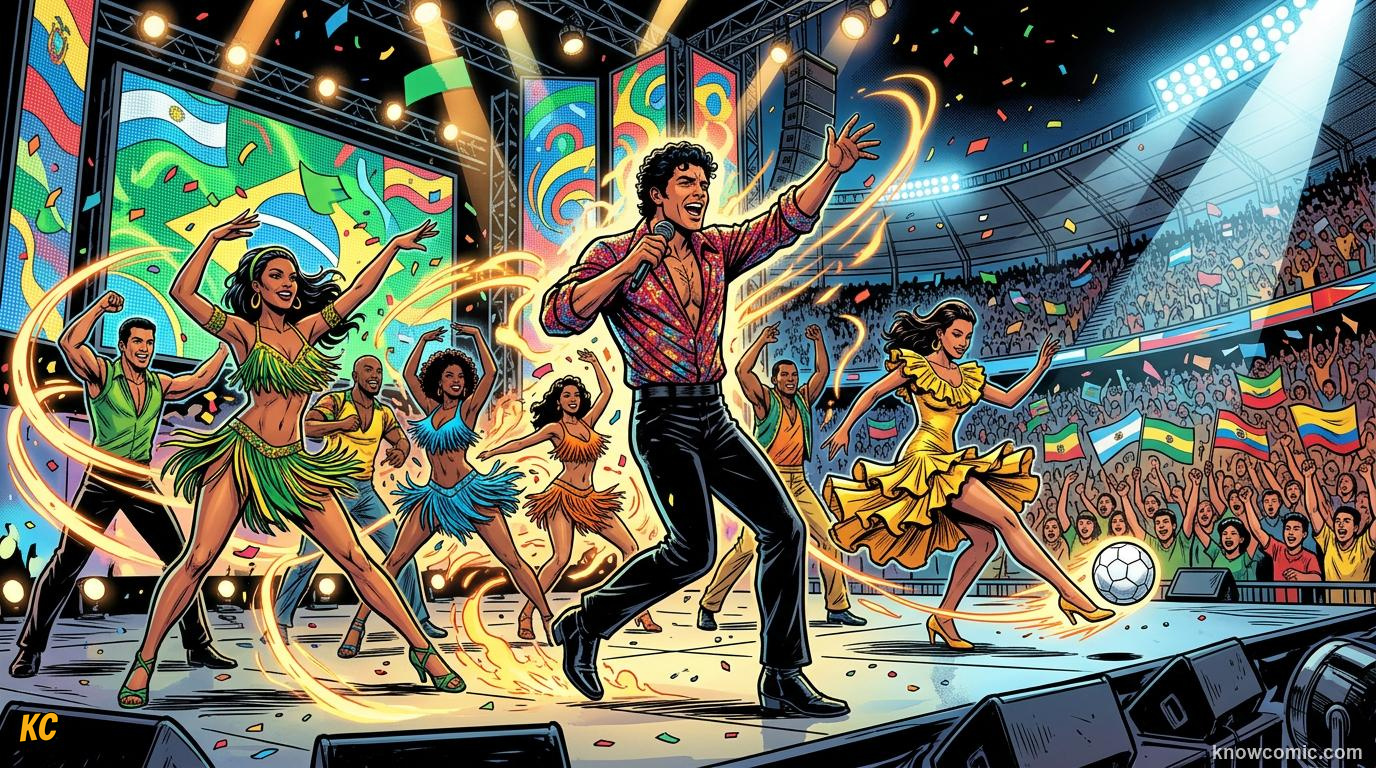 Comic panel titled songs that defined tournaments, labelled golden hits, from the KnowComic World Cup 2026 lesson on football & music