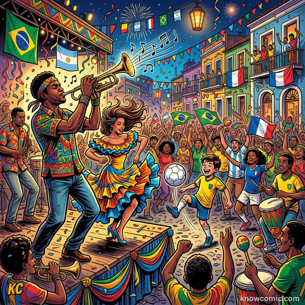 Comic panel titled when a continent danced to one beat, labelled 1998, from the KnowComic World Cup 2026 lesson on football & music