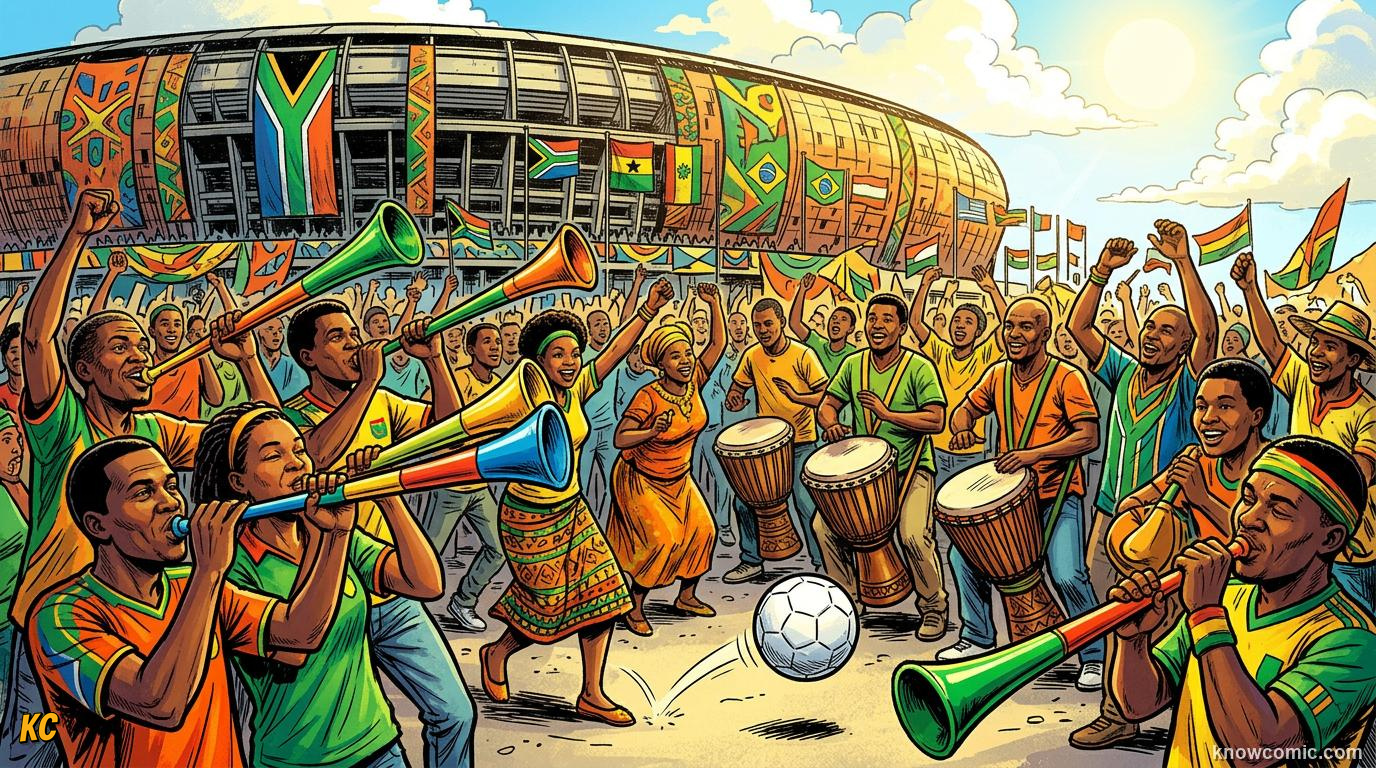 Comic panel titled when a continent danced to one beat, labelled 2010, from the KnowComic World Cup 2026 lesson on football & music