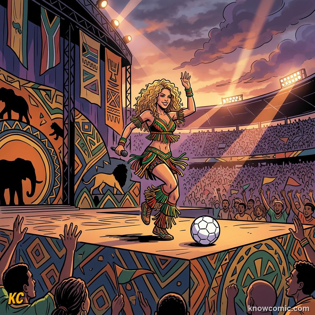 Comic panel titled when a continent danced to one beat, labelled shakira, from the KnowComic World Cup 2026 lesson on football & music