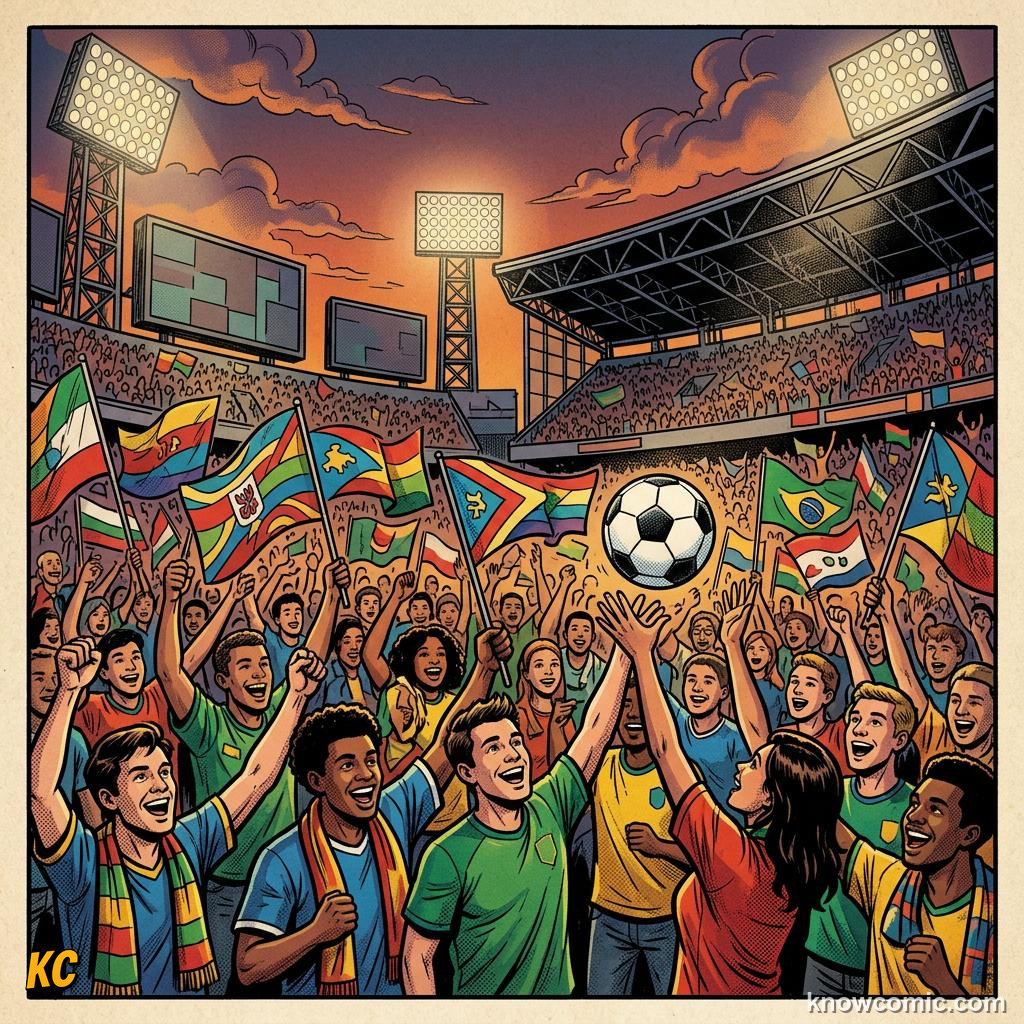 Comic panel titled when a continent danced to one beat, labelled k'naan, from the KnowComic World Cup 2026 lesson on football & music