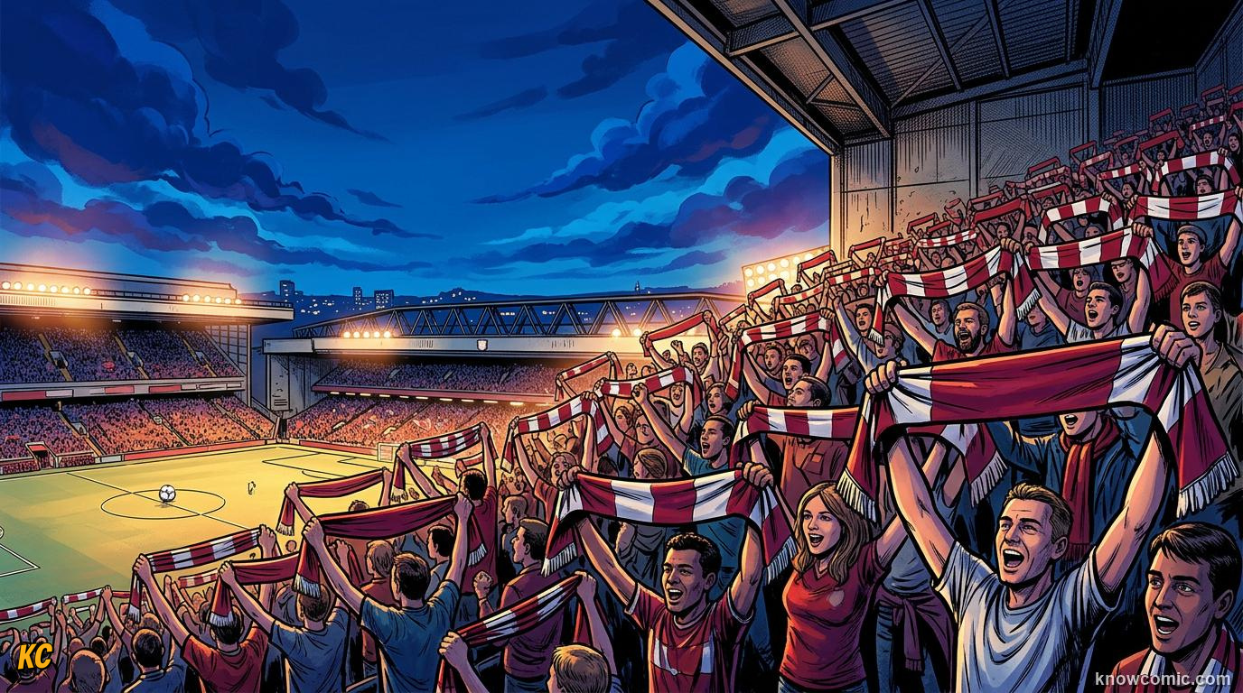 Comic panel titled the crowd is the loudest instrument, labelled voices united, from the KnowComic World Cup 2026 lesson on football & music