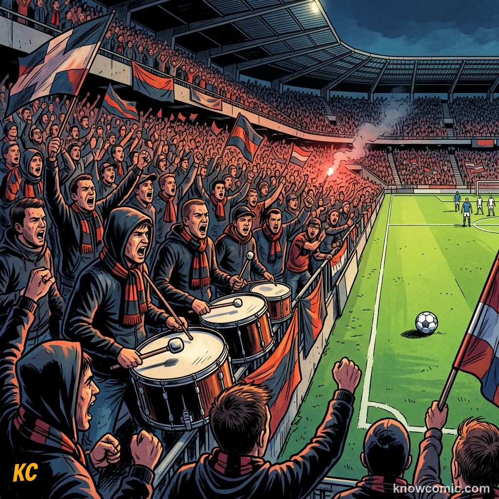 Comic panel titled your playlist for the next tournament, labelled terrace, from the KnowComic World Cup 2026 lesson on football & music