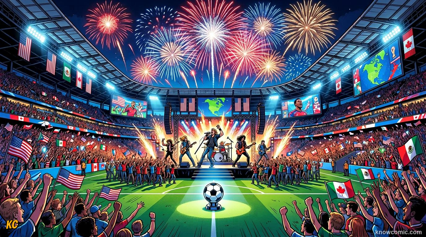 Comic panel titled your playlist for the next tournament, labelled world cup 2026, from the KnowComic World Cup 2026 lesson on football & music