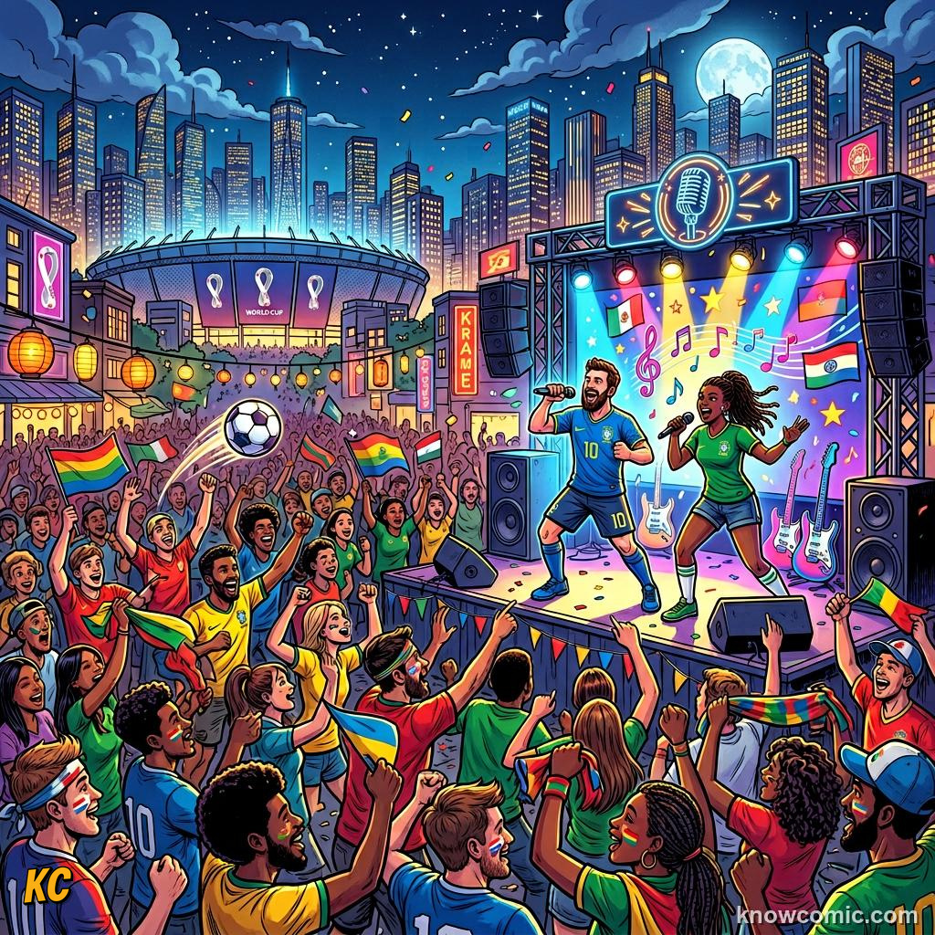 Comic panel labelled playlist, illustrating football & music in KnowComic's World Cup 2026 series