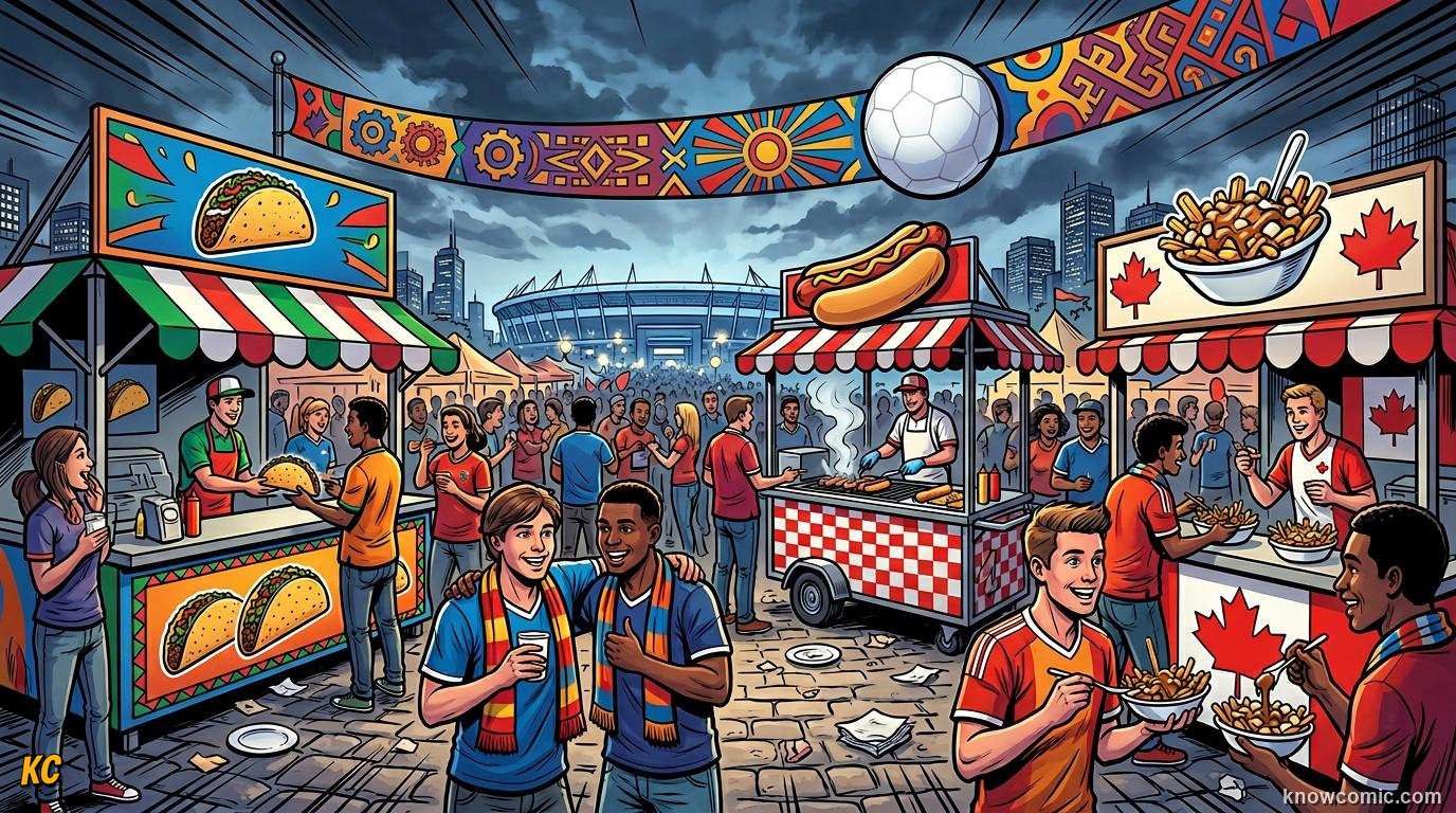 Comic panel titled tacos, hot dogs, and poutine, labelled three hosts, from the KnowComic World Cup 2026 lesson on foods of the world cup