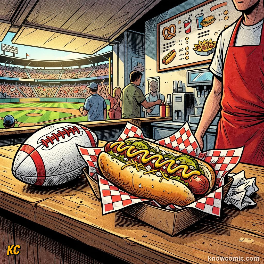 Comic panel titled what fans eat in their seats, labelled usa & canada, from the KnowComic World Cup 2026 lesson on foods of the world cup