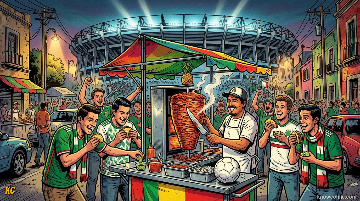 Comic panel titled what fans eat in their seats, labelled inside the ground, from the KnowComic World Cup 2026 lesson on foods of the world cup