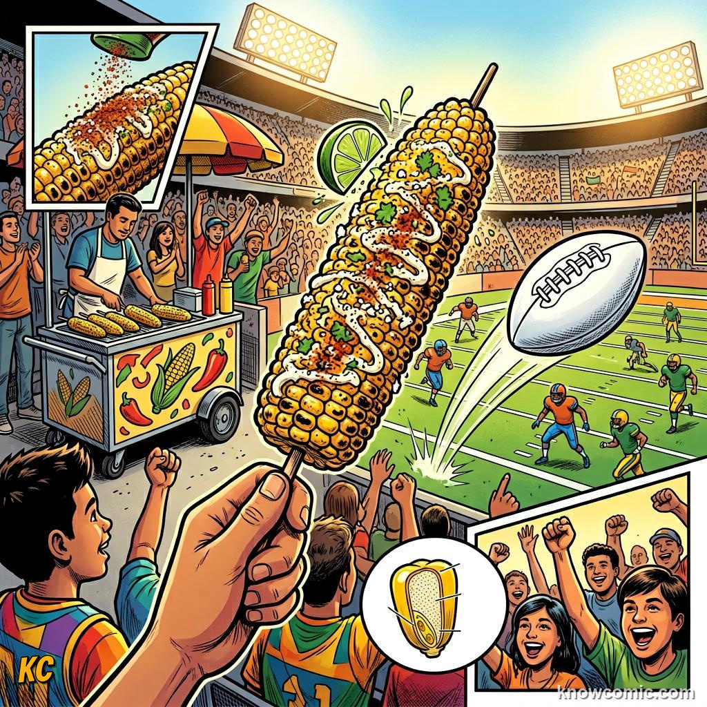 Comic panel titled eating outside the stadium, labelled classics, from the KnowComic World Cup 2026 lesson on foods of the world cup