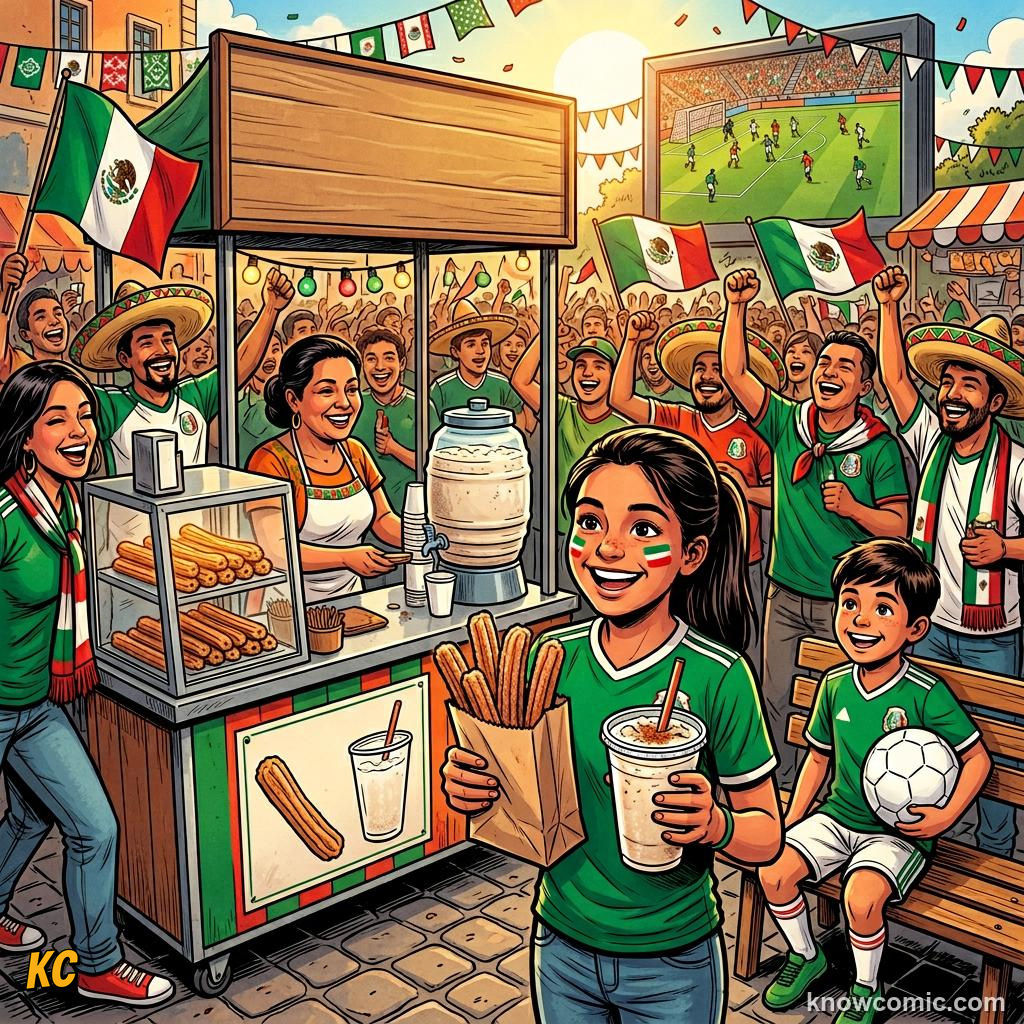 Comic panel titled eating outside the stadium, labelled grilled, from the KnowComic World Cup 2026 lesson on foods of the world cup