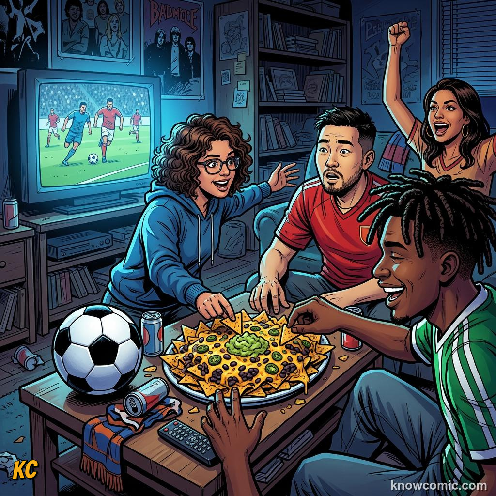 Comic panel titled eating outside the stadium, labelled sweet, from the KnowComic World Cup 2026 lesson on foods of the world cup