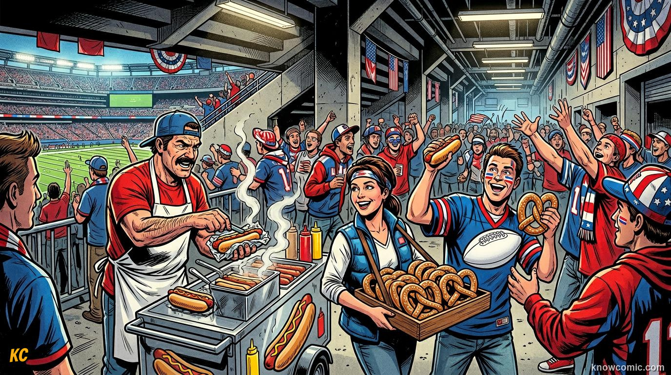 Comic panel titled eating outside the stadium, labelled fan festivals, from the KnowComic World Cup 2026 lesson on foods of the world cup