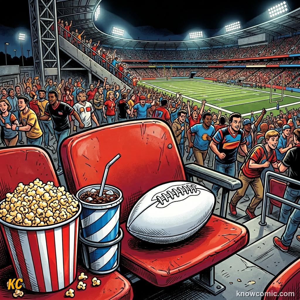Comic panel titled eating outside the stadium, labelled share, from the KnowComic World Cup 2026 lesson on foods of the world cup