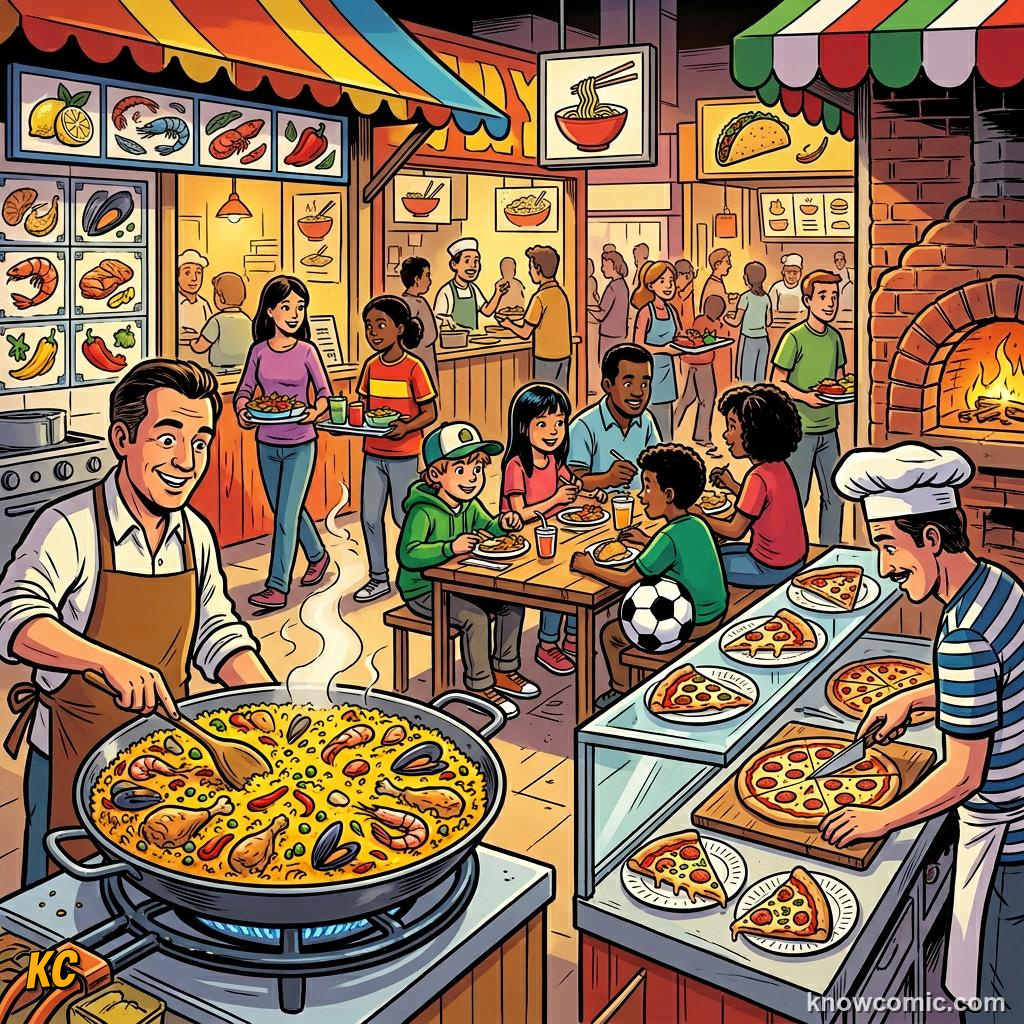 Comic panel titled your delicious match-day plan, labelled europe & africa, from the KnowComic World Cup 2026 lesson on foods of the world cup